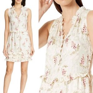 Rebecca Taylor Ivie Floral Ruffle Silk Blend Dress 2 Cream Ivory Pink Combo